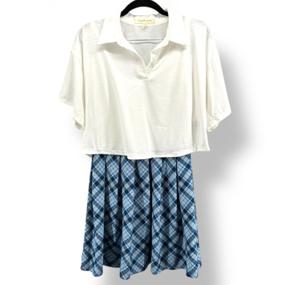 Kingston Grey Juniors M 2-Piece Dress Set White Crop Polo + Blue Plaid